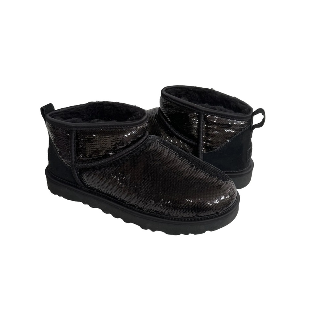 UGG CLASSIC ULTRA MINI MIRROR BALL BLACK SEQUIN BOOTS